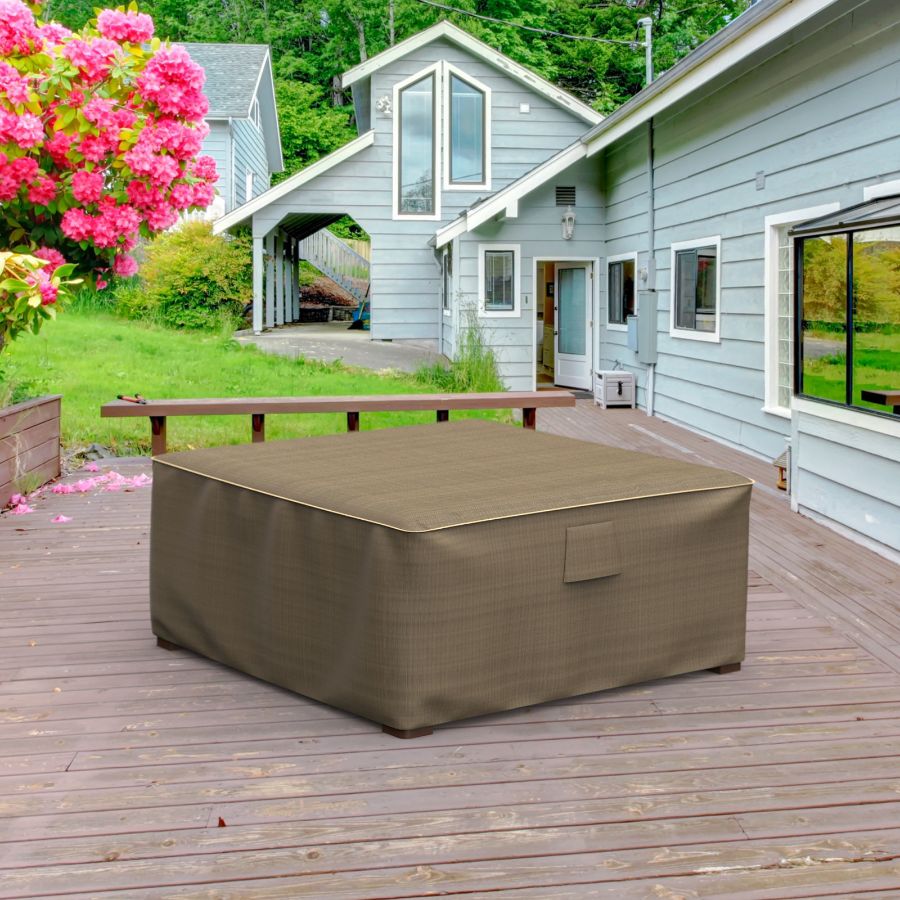 Photo de 28" Square Outdoor Side Table/Ottoman Cover - StormBlock™ Platinum Black and Tan Weave