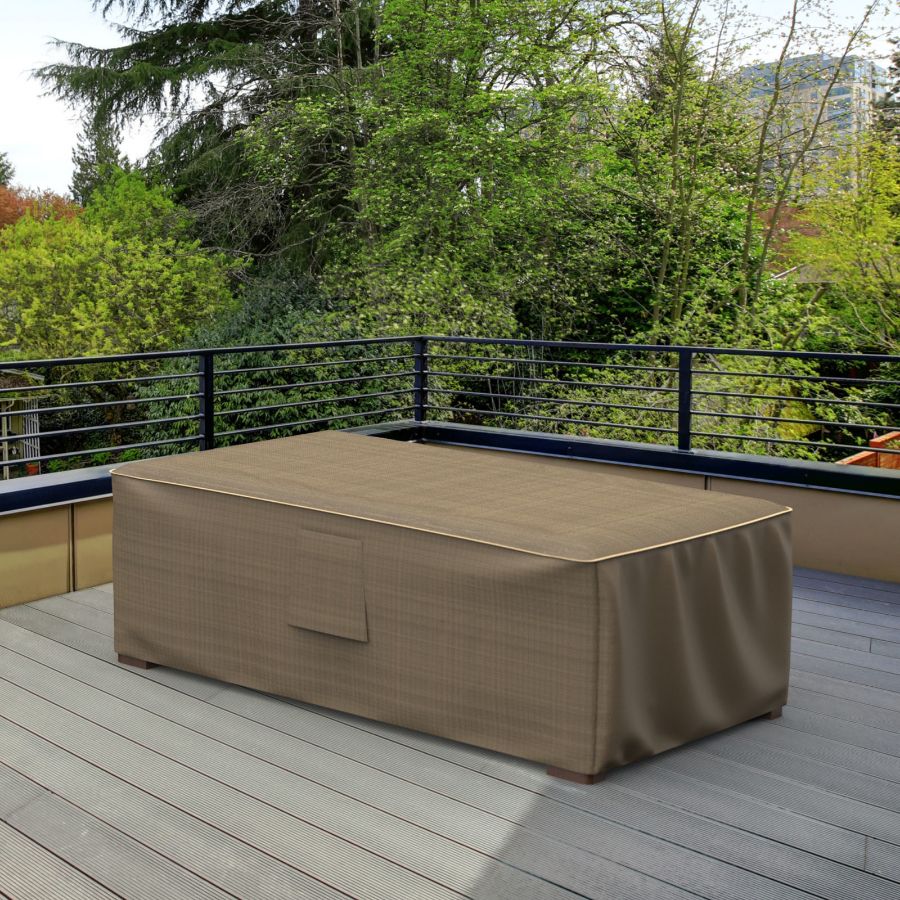 Photo de Medium Outdoor Ottoman/Coffee Table Cover - StormBlock™ Platinum Black and Tan Weave