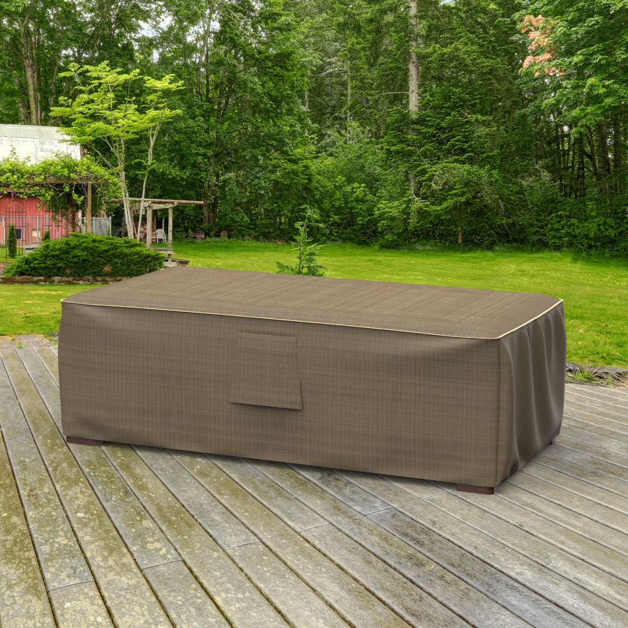 Photo de Medium Slim Outdoor Ottoman/Coffee Table Cover - StormBlock™ Platinum Black and Tan Weave