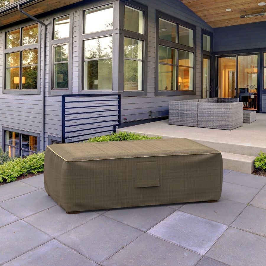 Picture of Slim Outdoor Ottoman/Coffee Table Cover - StormBlock™ Platinum Black and Tan Weave