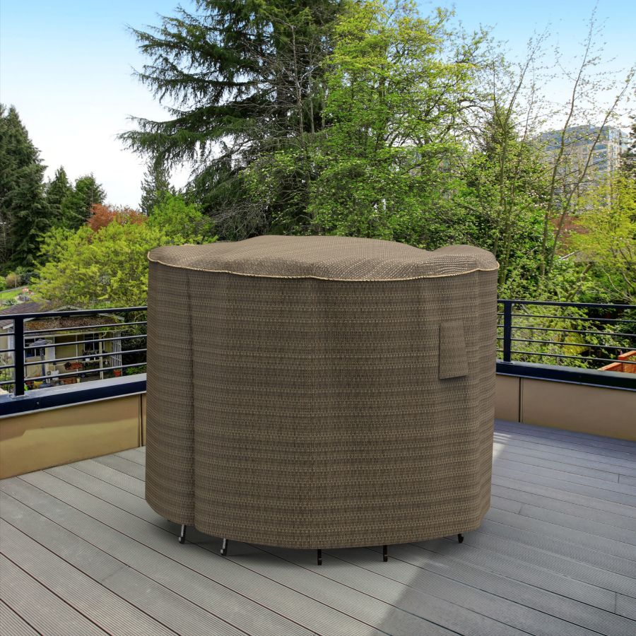 Picture of Medium Bar Table and Chairs Combo Covers 80 in Diameter- StormBlock™ Platinum Black and Tan Weave