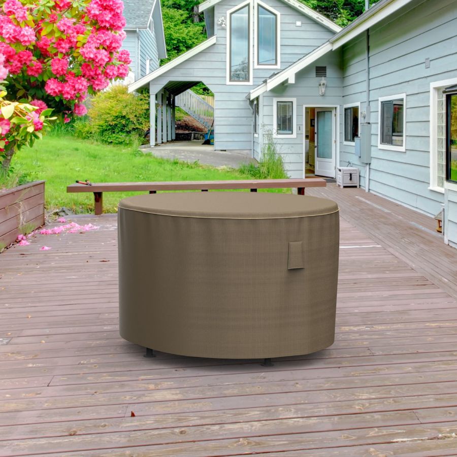 Photo de 26" Round Outdoor Side Table Cover - StormBlock™ Platinum Black and Tan Weave