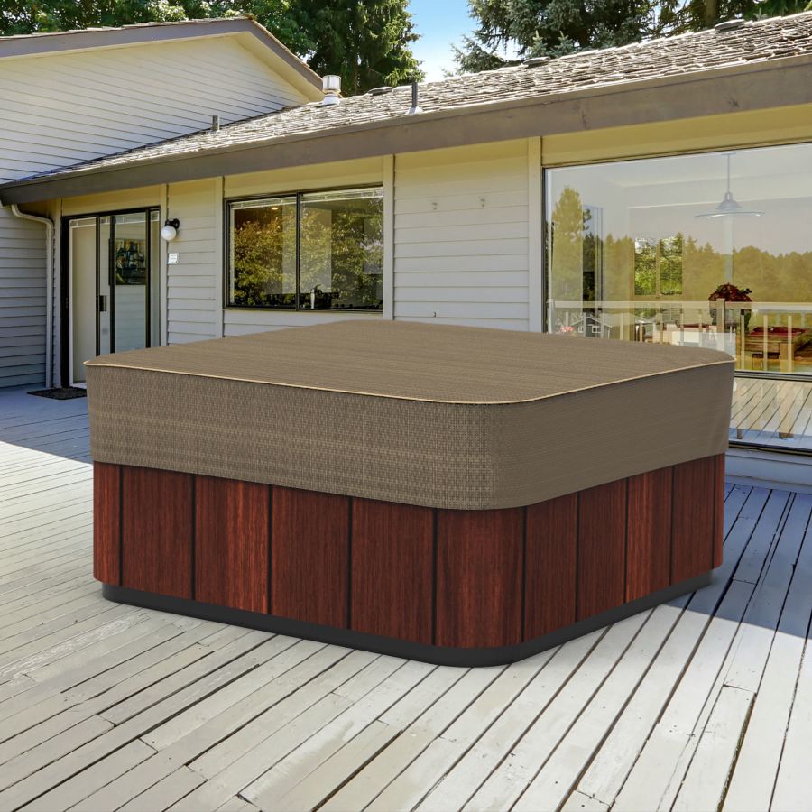 Photo de 86 in Wide Square Hot Tub Covers Cap - StormBlock™ Platinum Black and Tan Weave